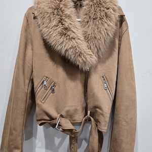 Faux-Suede Belted Jacket with Faux-Fur Collar - Tan